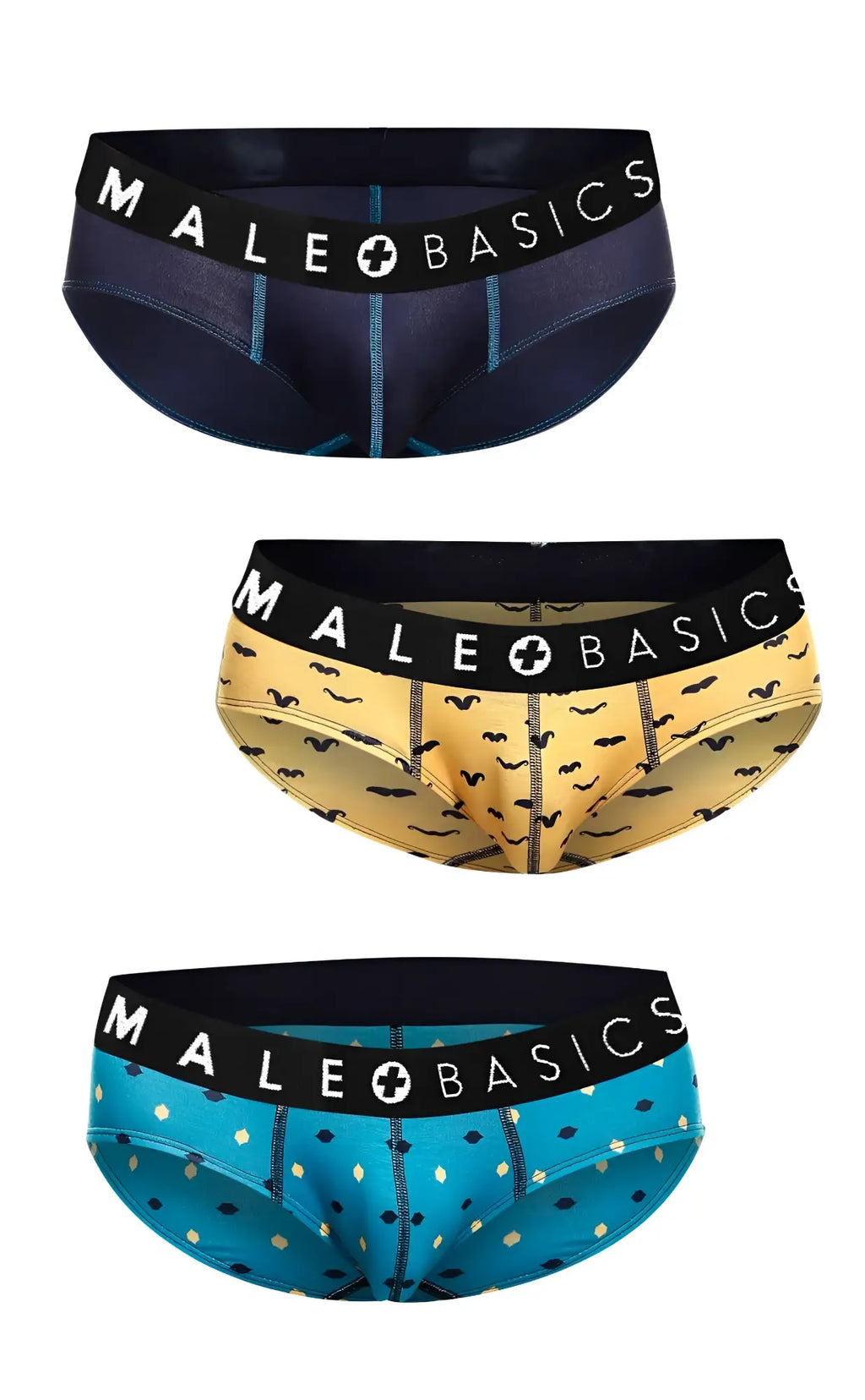 A three-pack of MaleBasics brief-style underwear with branded waistbands in navy, mustache-print, and patterned teal.
