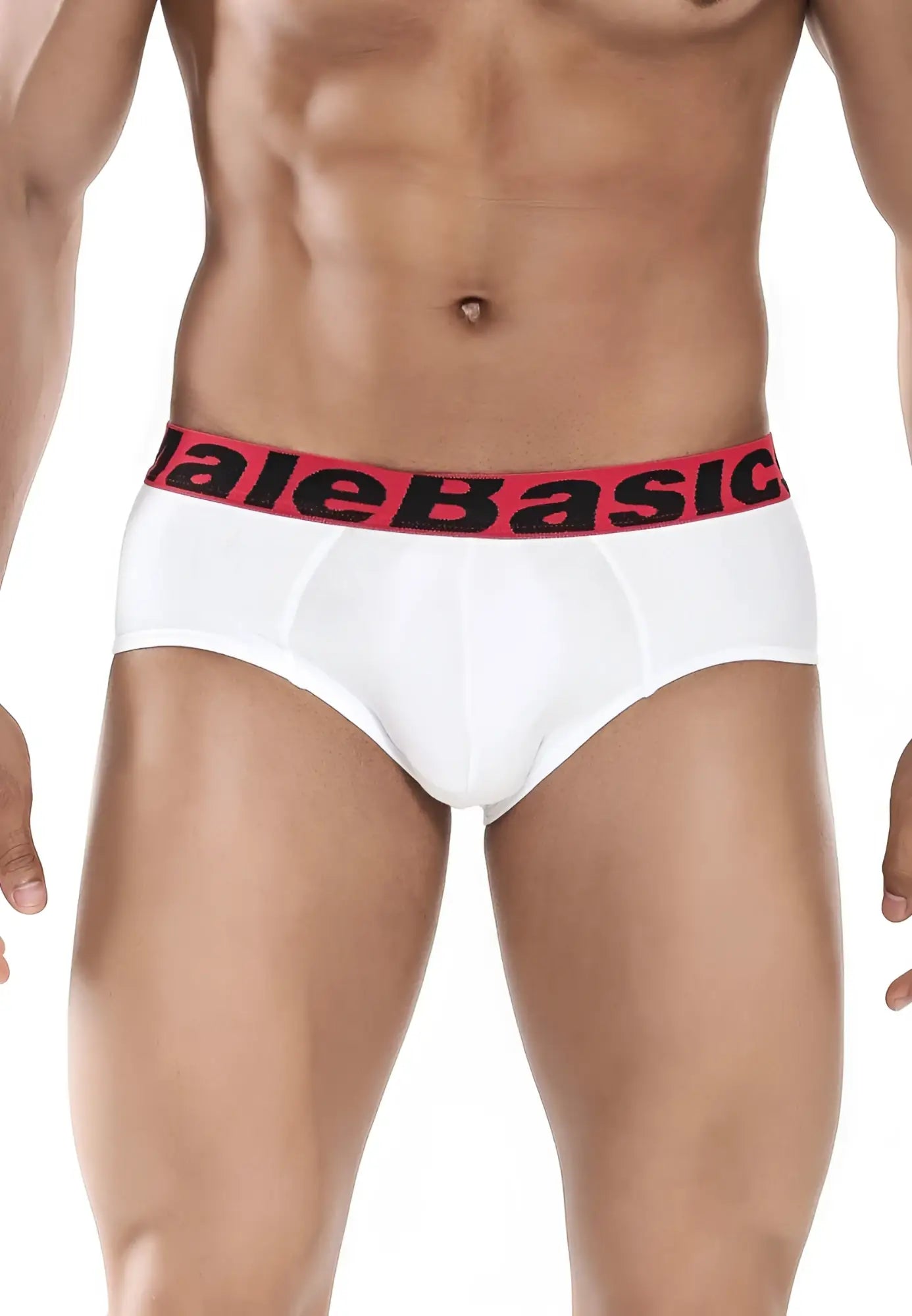 White men’s briefs with red elastic waistband and malebasic logo in black text from malebasics 3 pack brief