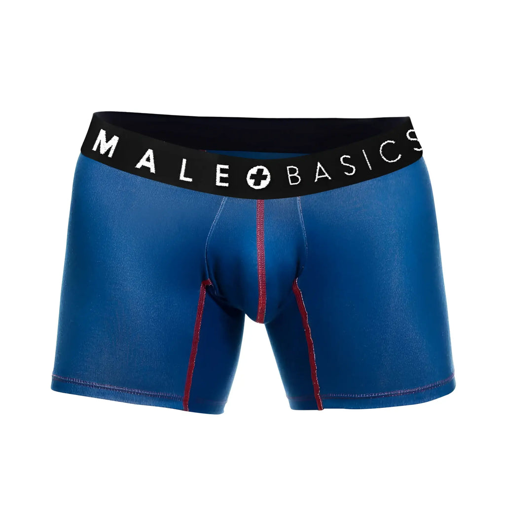 Blue men’s boxer briefs with black waistband male basics logo and red side stitching from the malebasics timon 3 pack