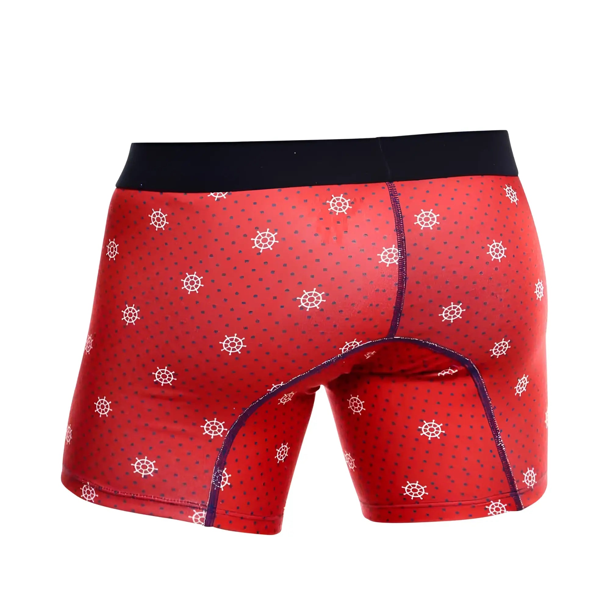 Red men’s boxer briefs with navy blue waistband featuring white ship wheels and dark dots from Malebasics 3-pack timon
