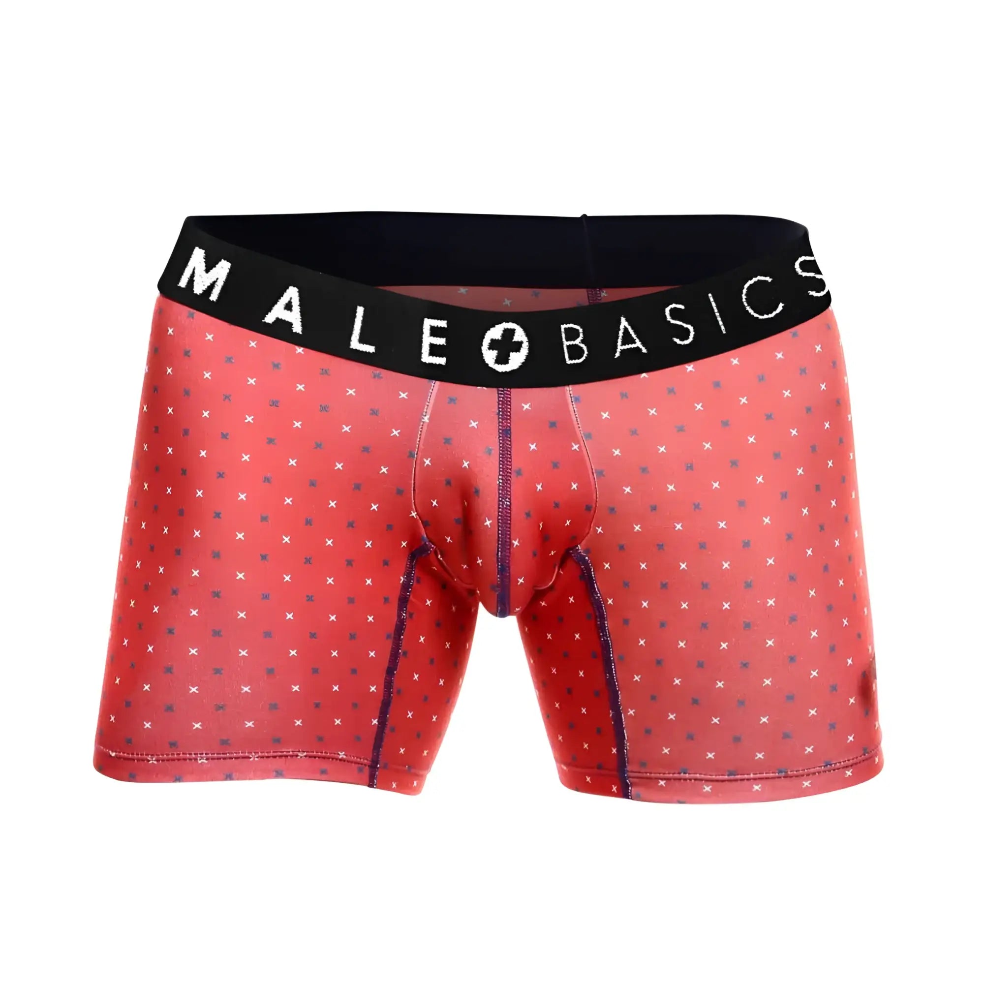 Red male basics timon boxer brief with subtle white and navy crosses and black waistband for comfortable wear
