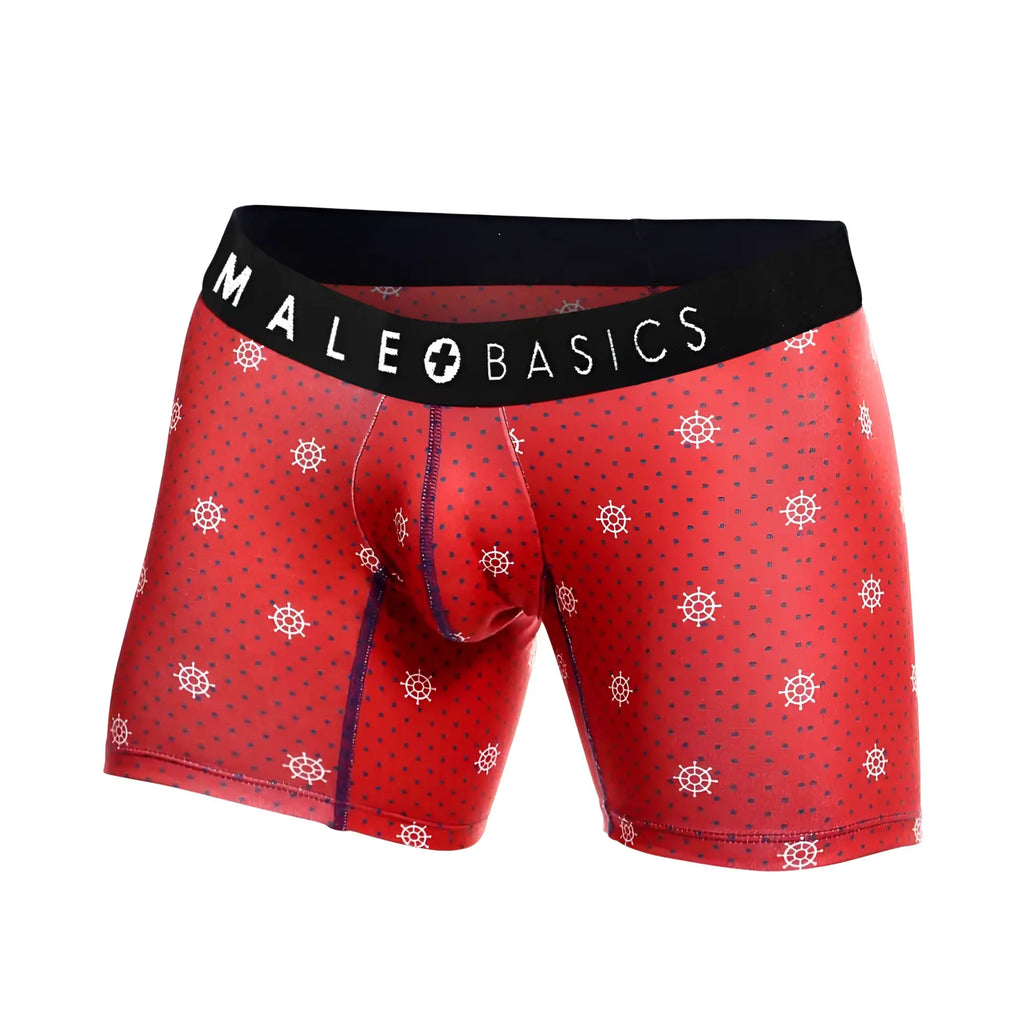 Red men’s boxer briefs with white ship wheel pattern and black waistband featuring male basics logo from timon pack