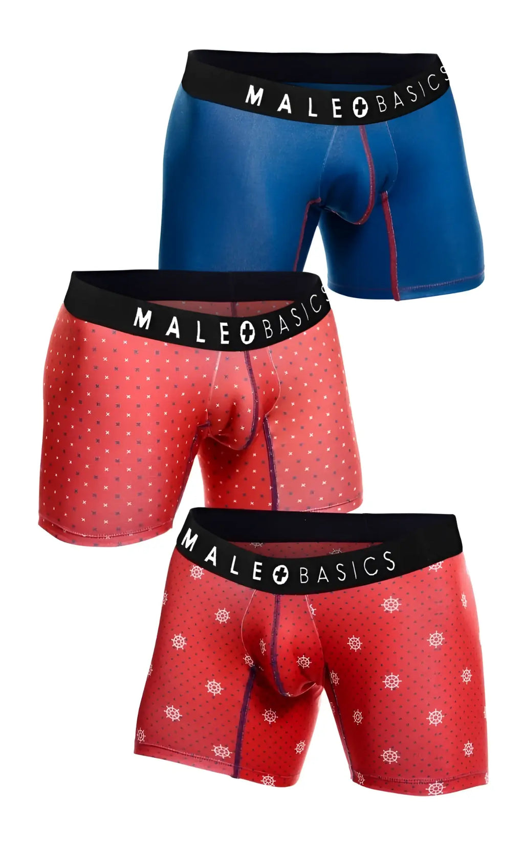 Set of three malebasics timon boxer briefs in blue red with white polka dots and red with white snowflake patterns