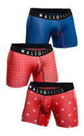 Set of three malebasics timon boxer briefs in blue red with white polka dots and red with white snowflake patterns