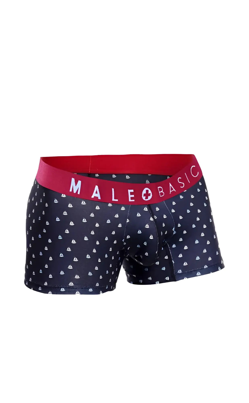 Dark blue male basics trunk boxer briefs with white sailboat pattern and red waistband with logo for everyday wear