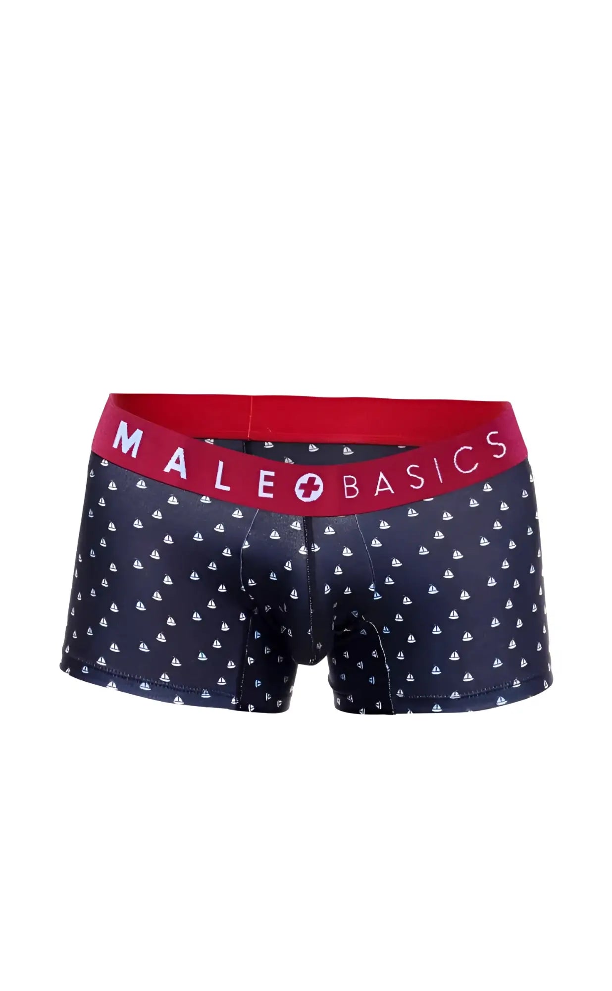 Dark blue men’s boxer briefs with white sailboat pattern and red waistband featuring male basics logo from malebasics 3-pack trunk boats