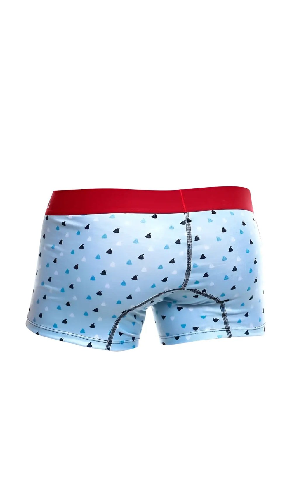 Light blue malebasics boxer briefs with red waistband and black white teal heart patterns in a 3-pack trunk boats set