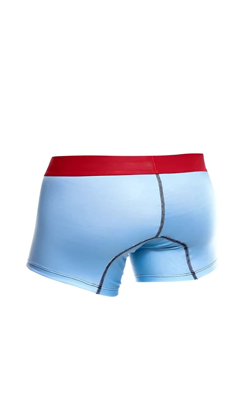 Light blue malebasics trunk briefs with red waistband and dark seam stitching in a 3-pack set