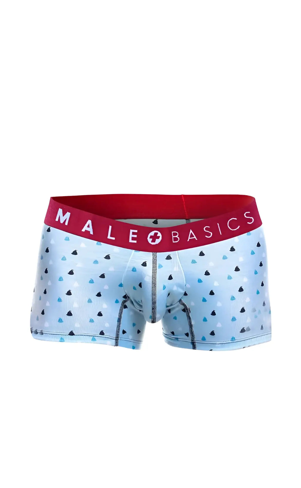 Light blue men’s boxer briefs with black and light blue triangles and red male basics branded waistband in 3 pack trunk boats