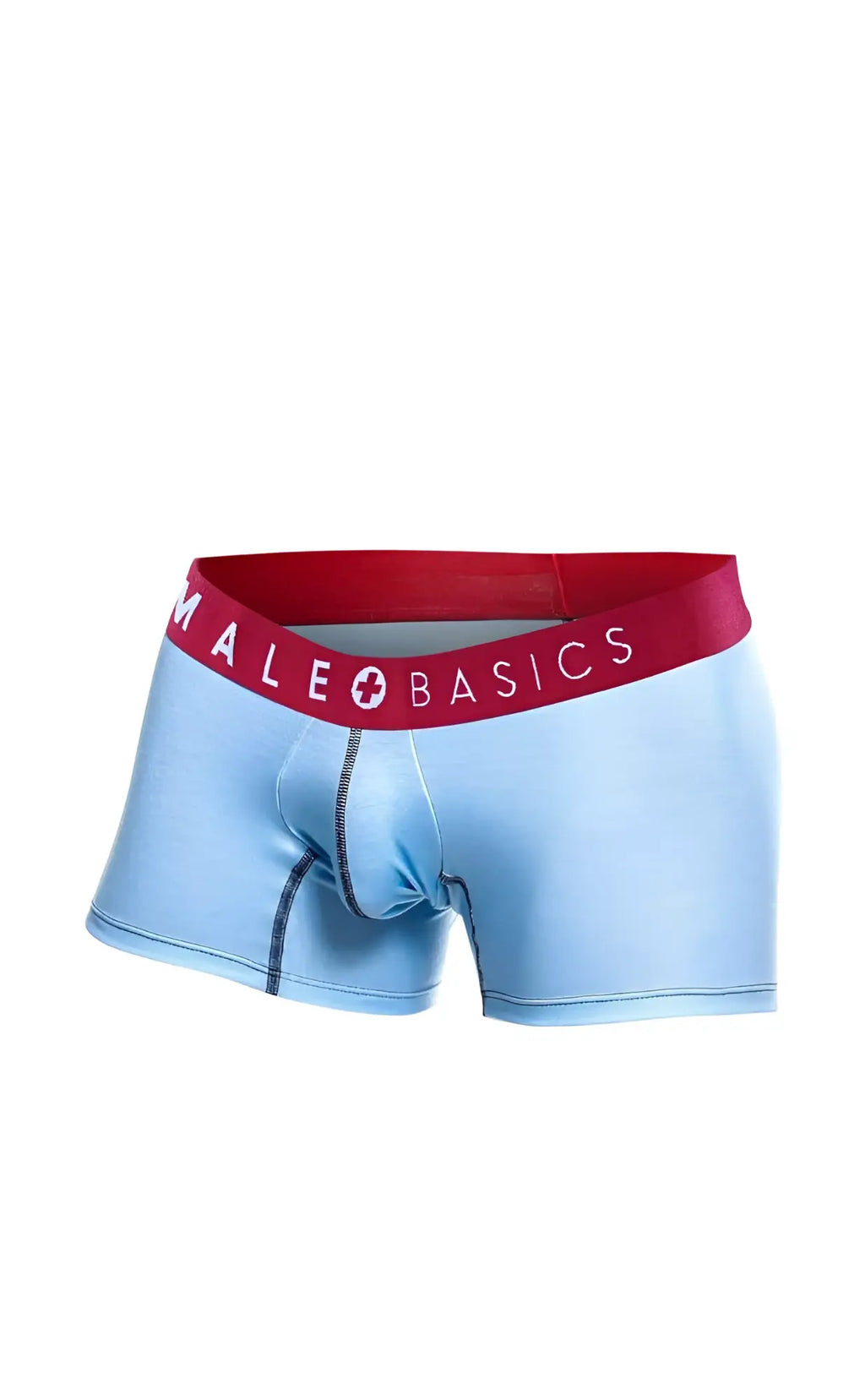 Light blue men’s boxer briefs with red male basics waistband in a 3 pack trunk boats for everyday comfort