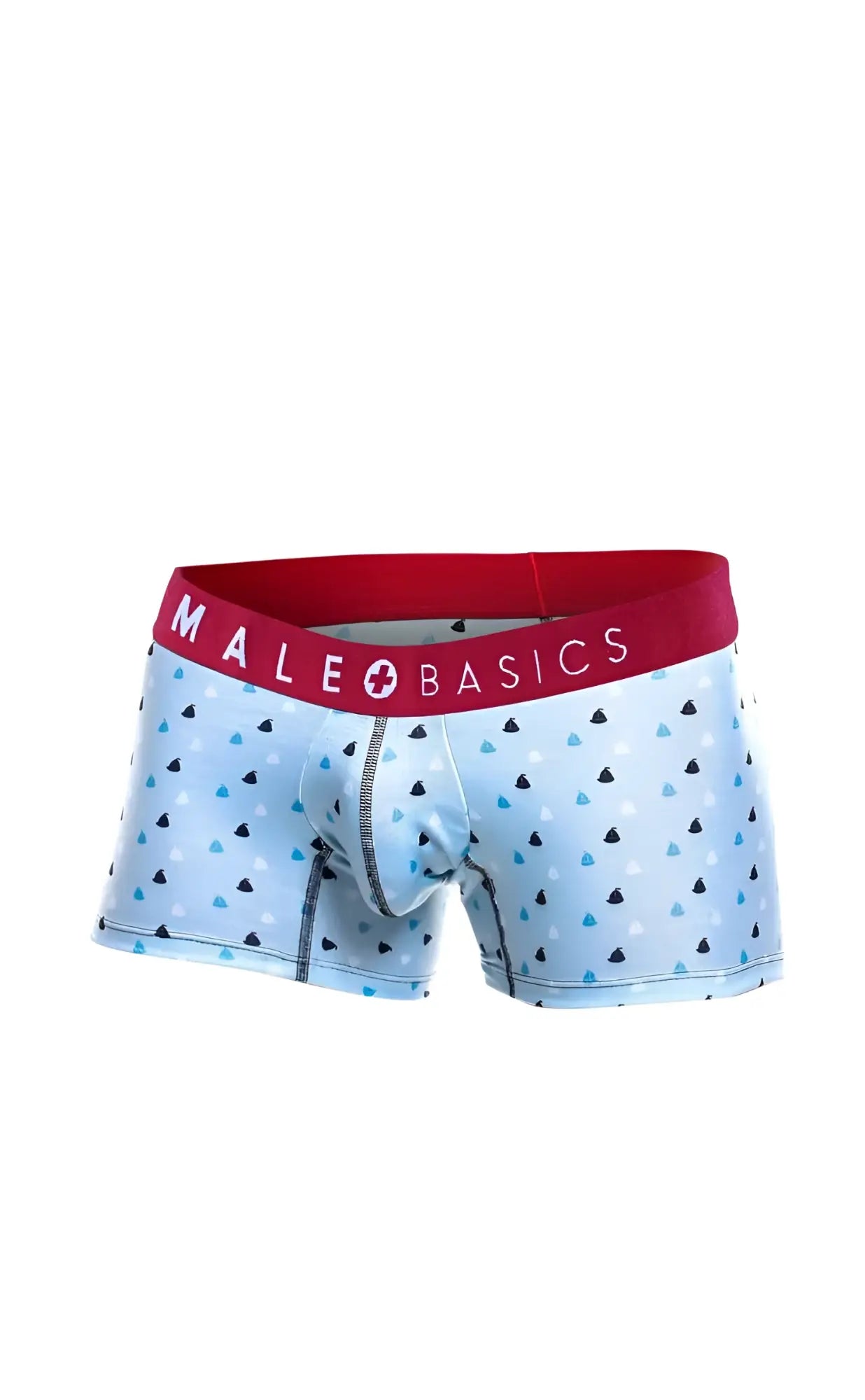 Light blue male basics trunks with black and teal triangle pattern and red branded waistband in 3-pack set