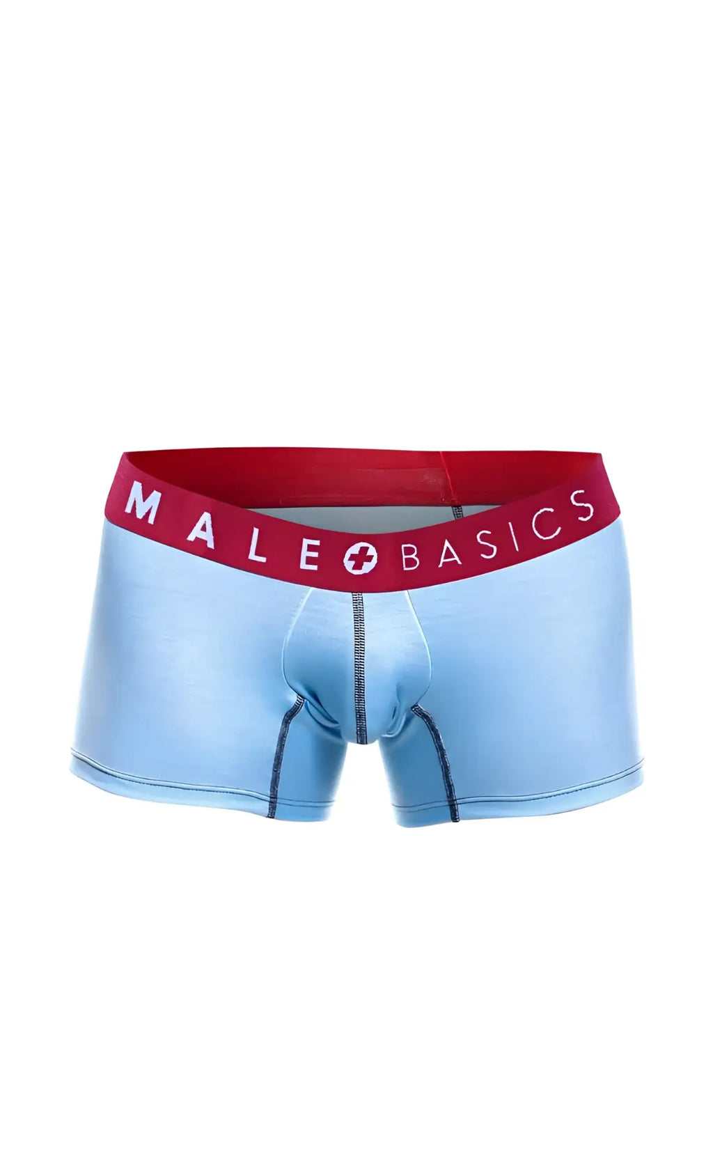 Light blue men’s briefs with red waistband and male basics logo featured in a 3-pack trunk boats set