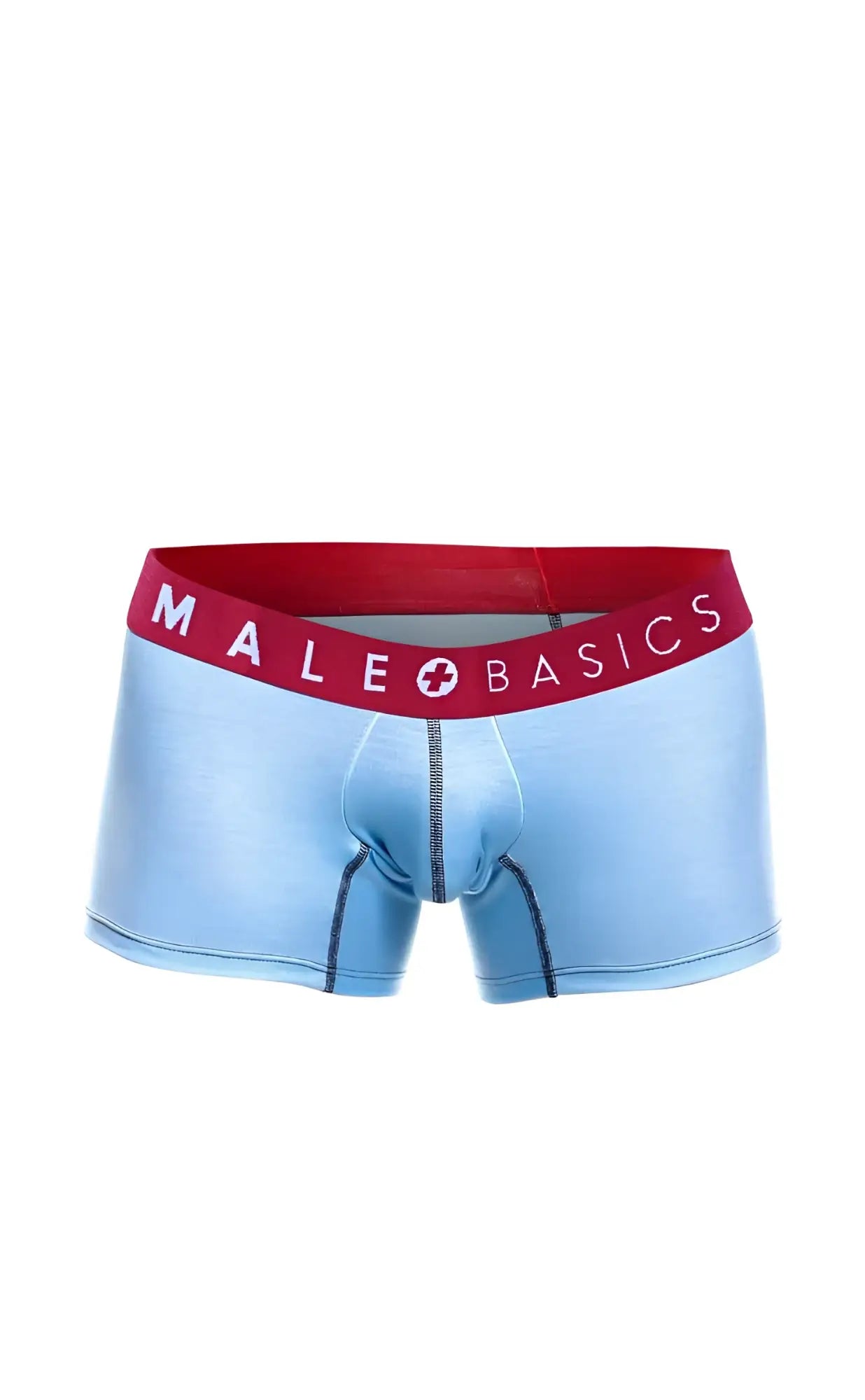 Light blue men’s briefs with red waistband and male basics logo featured in a 3-pack trunk boats set
