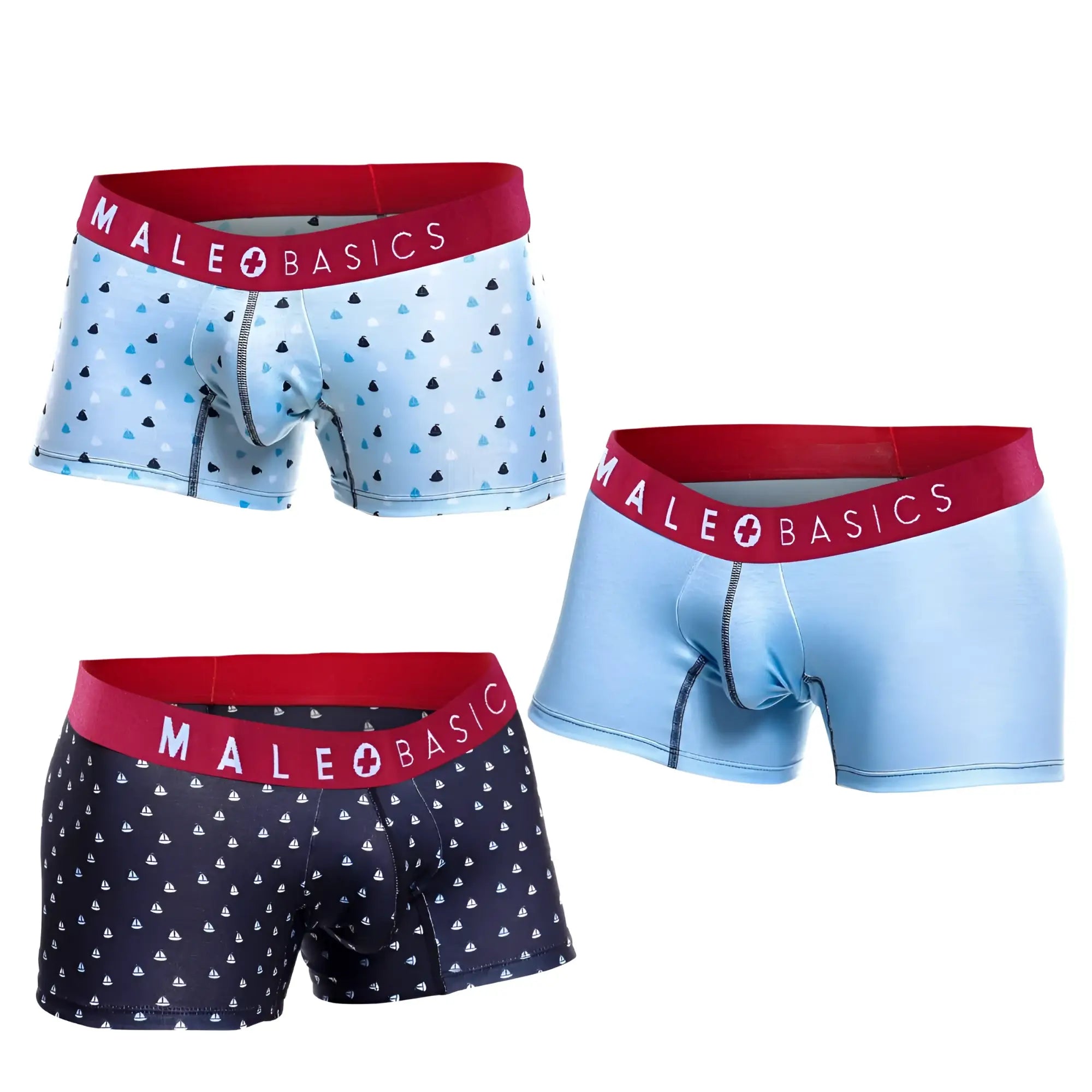 Malebasics 3-pack trunk boats featuring three pairs of patterned boxer briefs with red elastic waistbands and brand logo