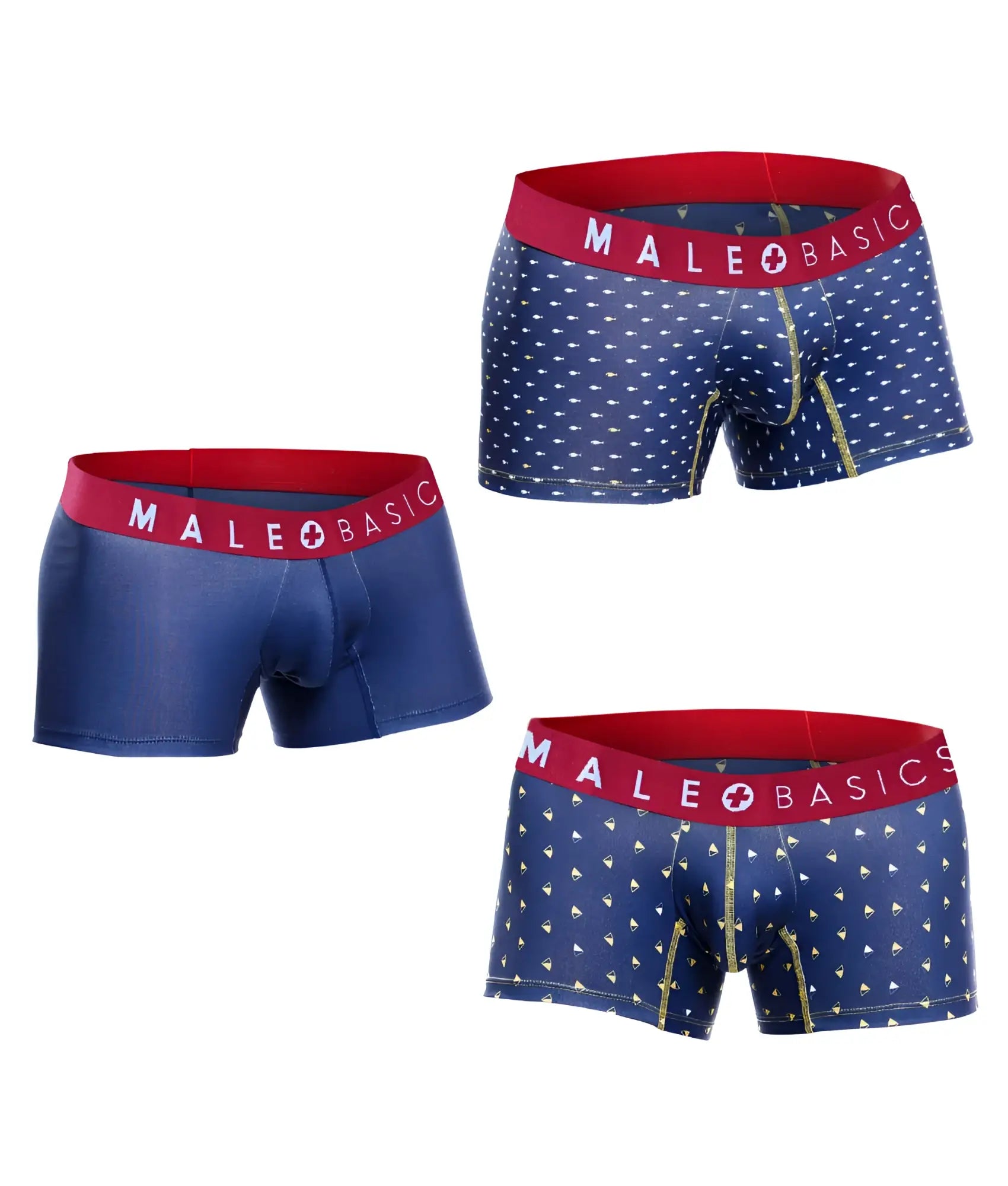 Malebasics 3 pack trunk marine men’s blue boxer briefs with red waistbands and white sailboat pattern one solid blue pair