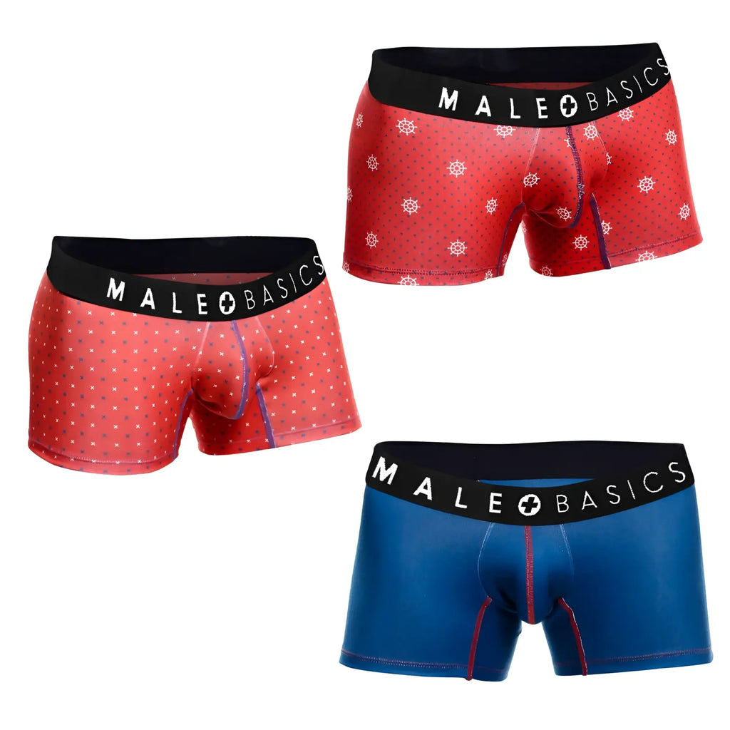Malebasics 3 pack trunk timon men’s boxer briefs in red with white ship wheels and solid blue with black waistband