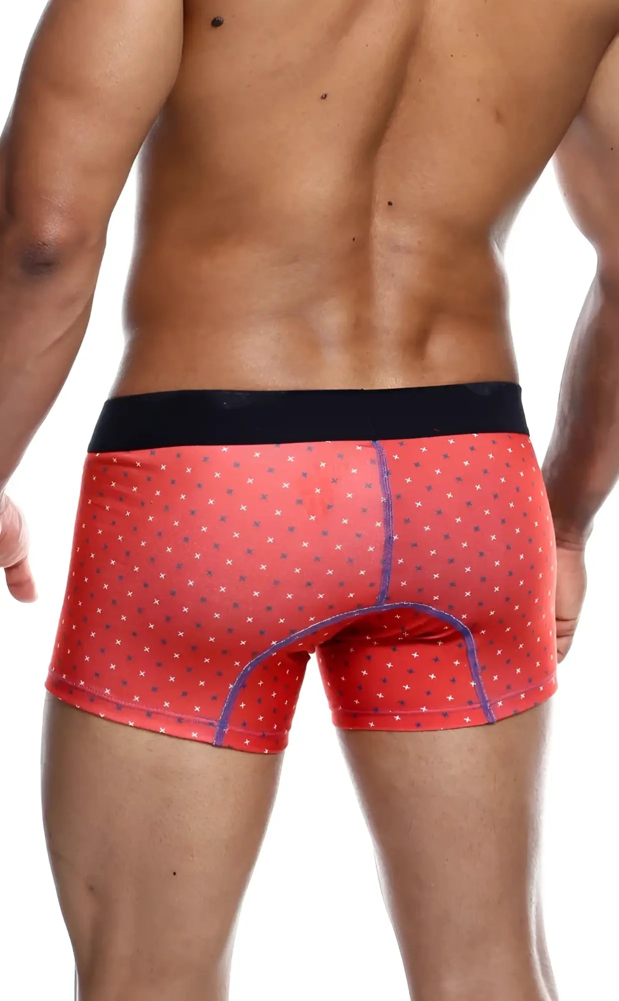 MaleBasics 3-pack trunk Timon red boxer briefs with black waistband white stars and purple stitching on the seams