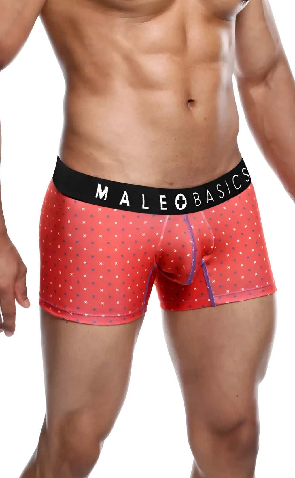 MaleBasics 3-pack trunk Timon featuring red patterned men’s boxer briefs with a black waistband and male basics logo