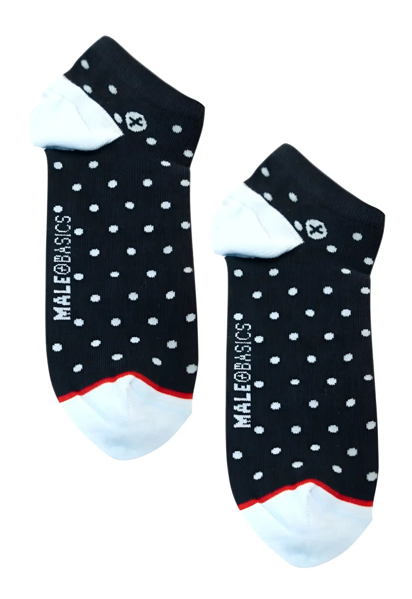 Malebasics ankle sock dotted black ankle socks with white polka dots white toe heel and red trim with brand name on side