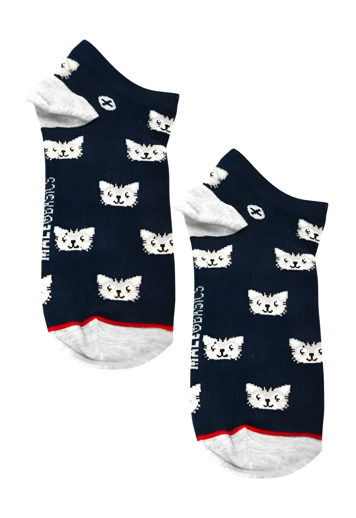 Malebasics ankle socks navy blue with white cat faces and red toe trim for casual wear
