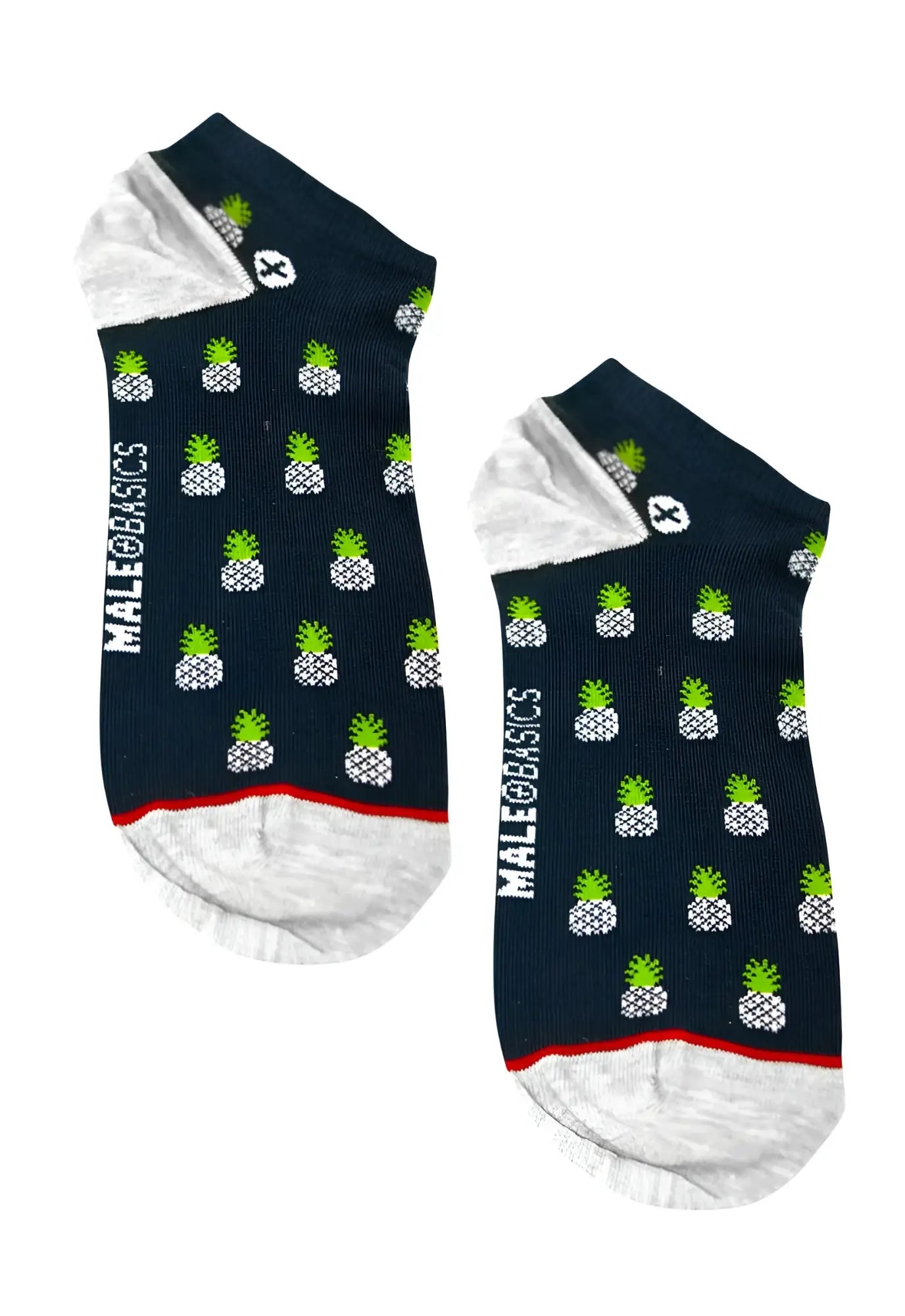 Dark blue pineapple-patterned ankle socks with white and red accents by maleo basics