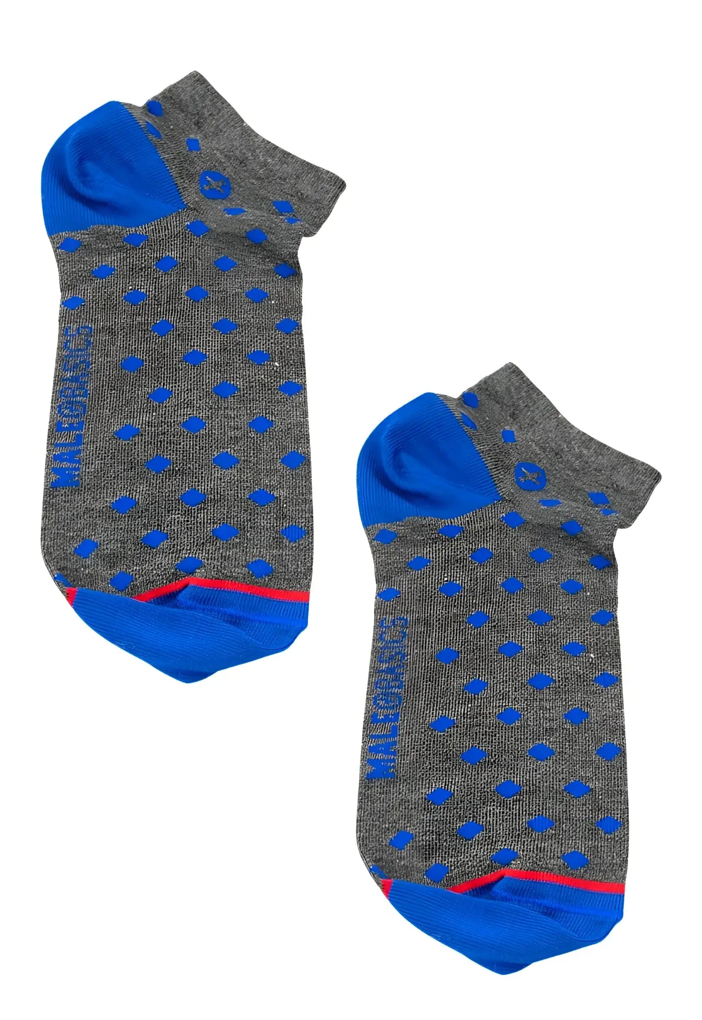 Malebasics ankle sock rombos gray ankle socks with blue polka dots bright blue toe and heel and red sole trim
