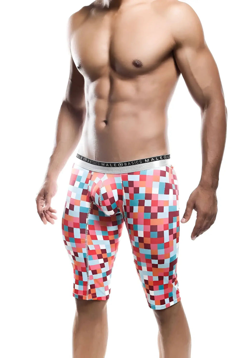 A man wearing long, multicolored pixel-print MaleBasics athletic hipster boxer briefs with a logo waistband.