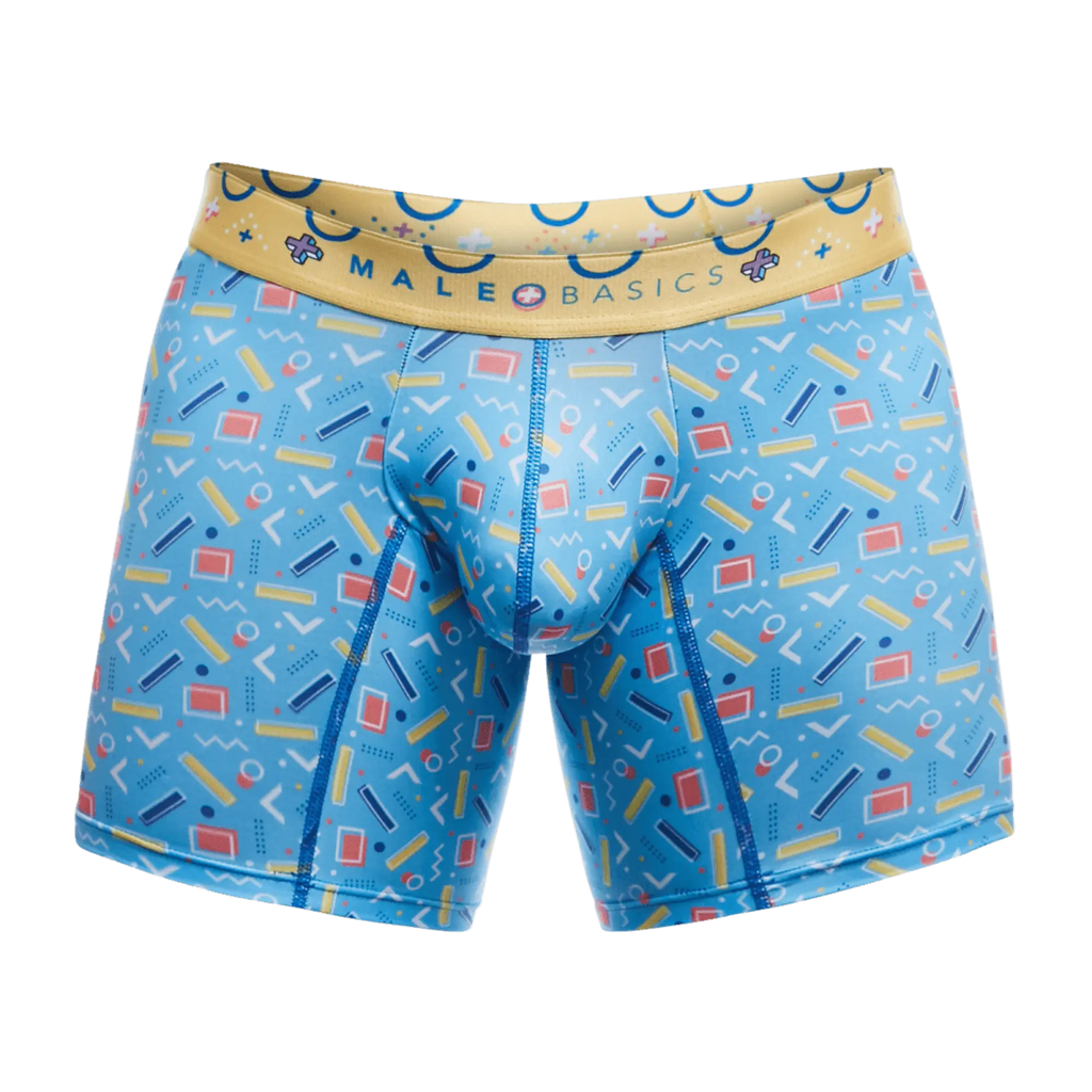 Male basics boxer brief in blue with a retro yellow red and white geometric pattern and tan branded waistband