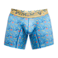 Male basics boxer brief in blue with a retro yellow red and white geometric pattern and tan branded waistband
