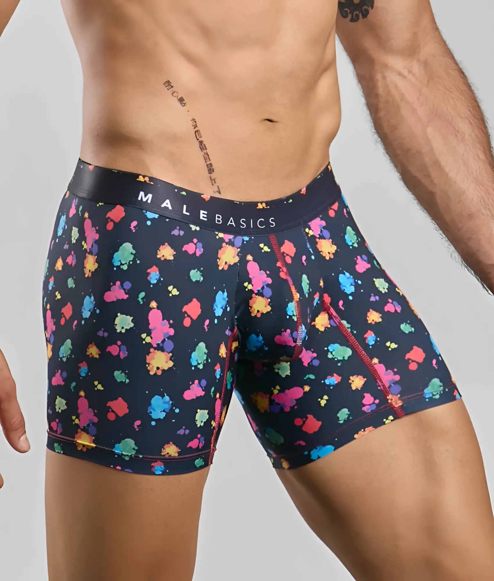 Malebasics boxer brief hipster black splash men’s boxer briefs with dark navy base and multicolored paint splatter pattern
