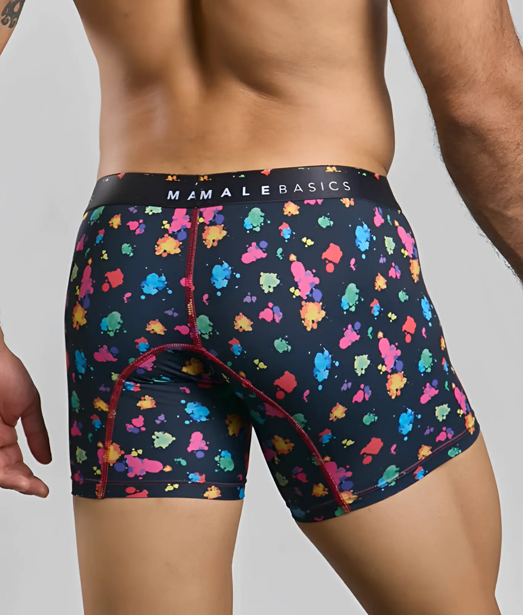 Malebasics boxer brief hipster black splash featuring men’s boxer briefs with black base and vibrant paint splatter pattern