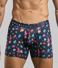 Malebasics boxer brief hipster black splash navy blue with multicolored paint splatter and red seam stitching
