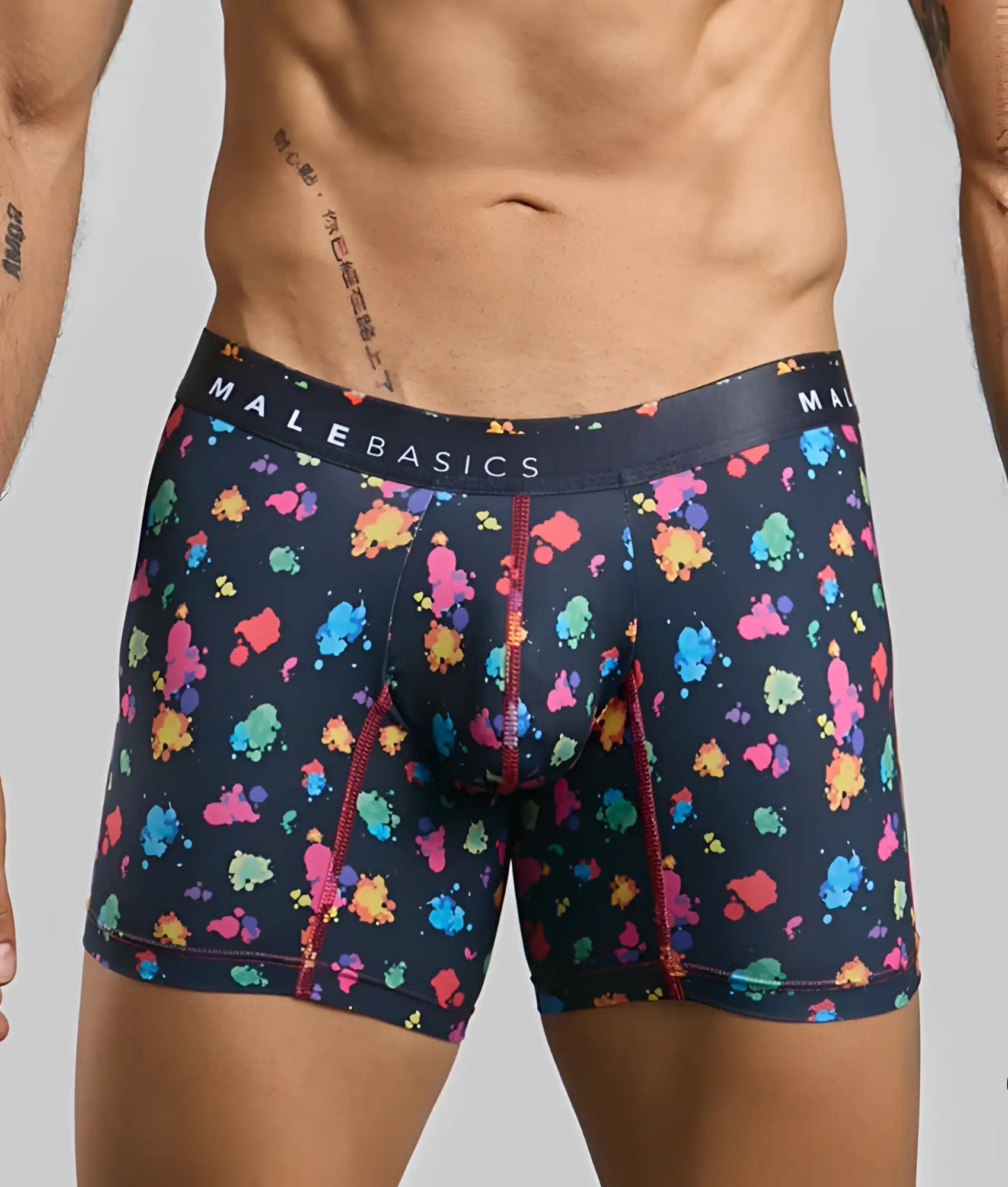 Malebasics boxer brief hipster black splash navy blue with multicolored paint splatter and red seam stitching
