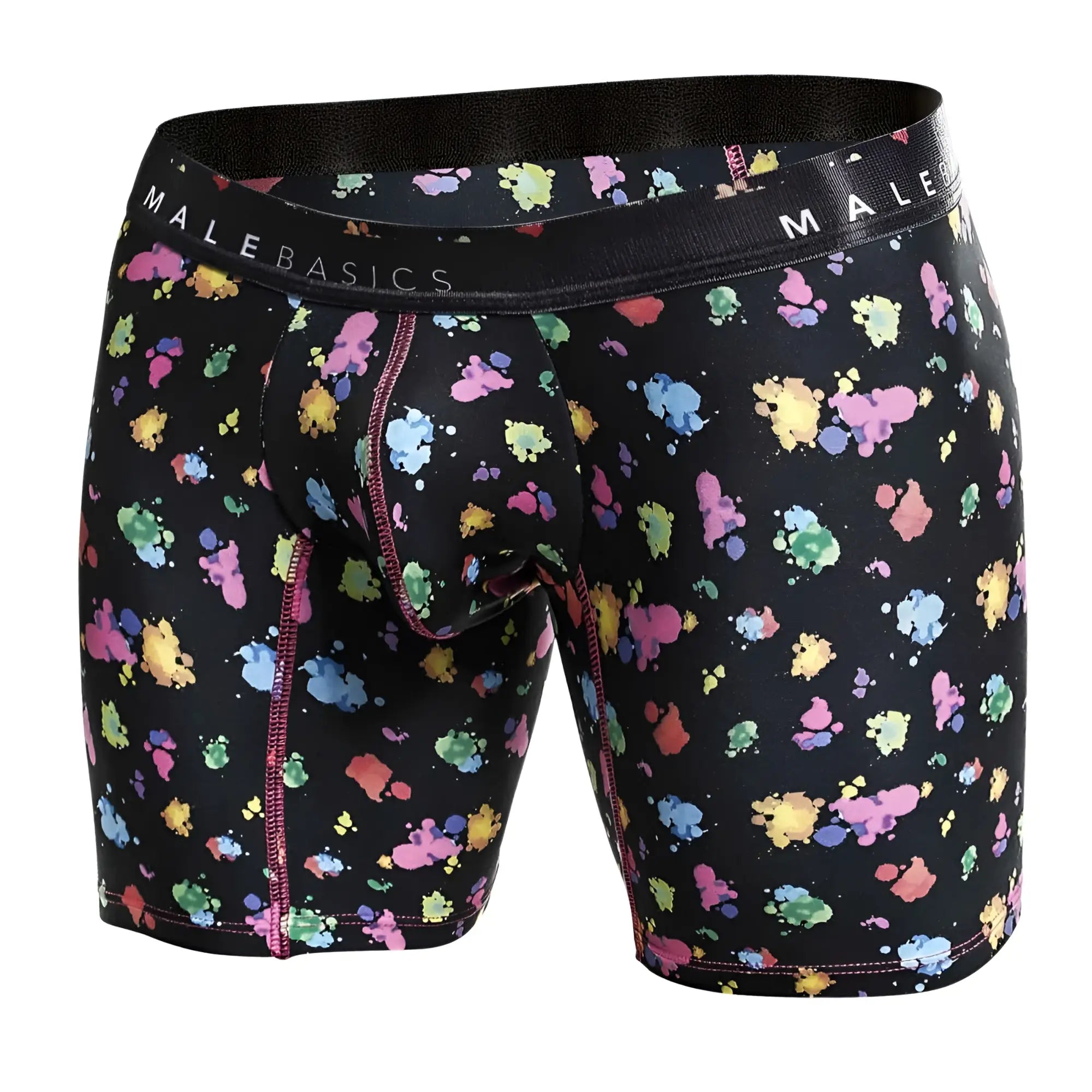 Black malebasics boxer briefs with vibrant multicolored paint splatter and pink stitched seams hipster style