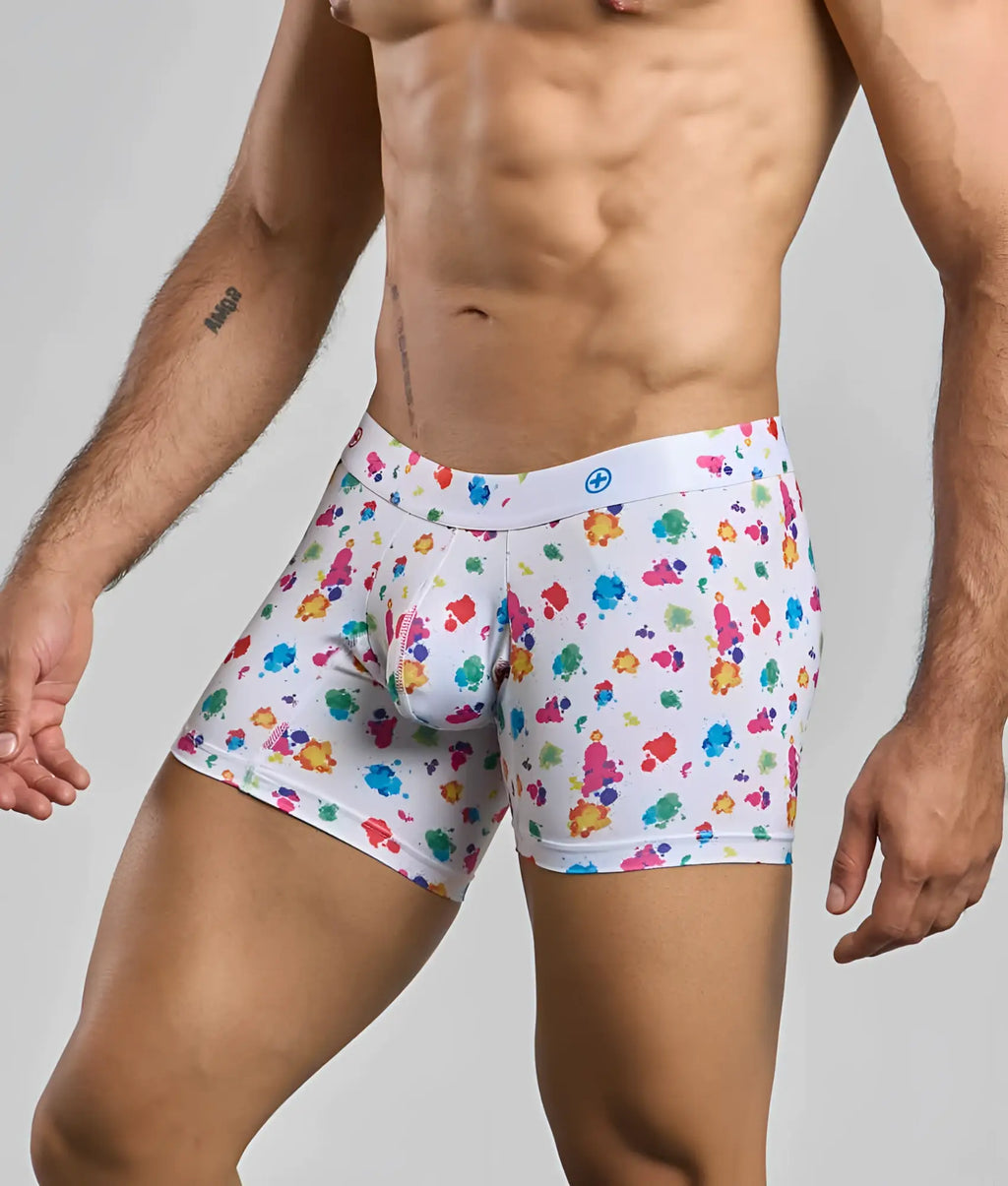 White malebasics boxer brief hipster with vibrant multicolored paint splatter pattern on front side