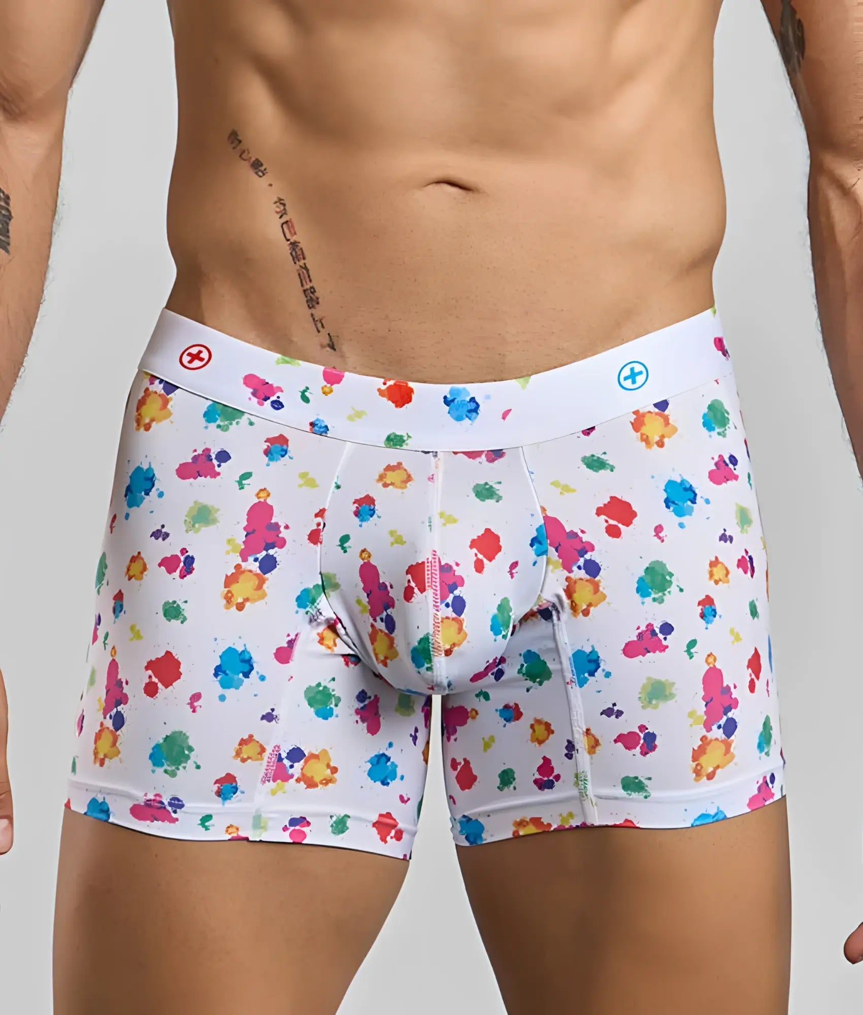Malebasics white boxer briefs with vibrant multicolored paint splatter pattern hipster style black splash design