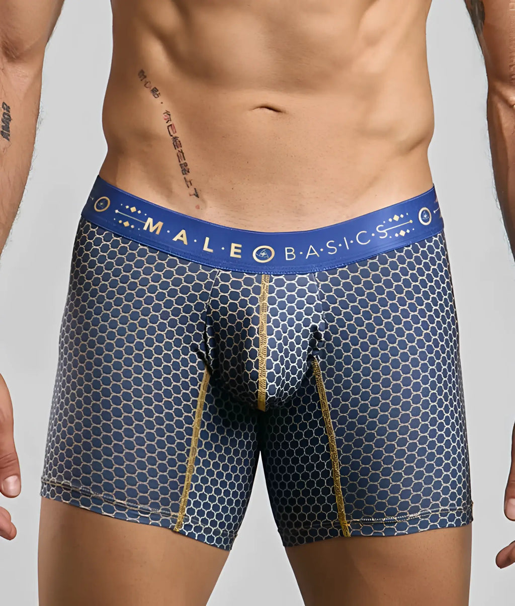 Malebasics boxer brief hipster in blue and gold hexagonal pattern with branded waistband for men
