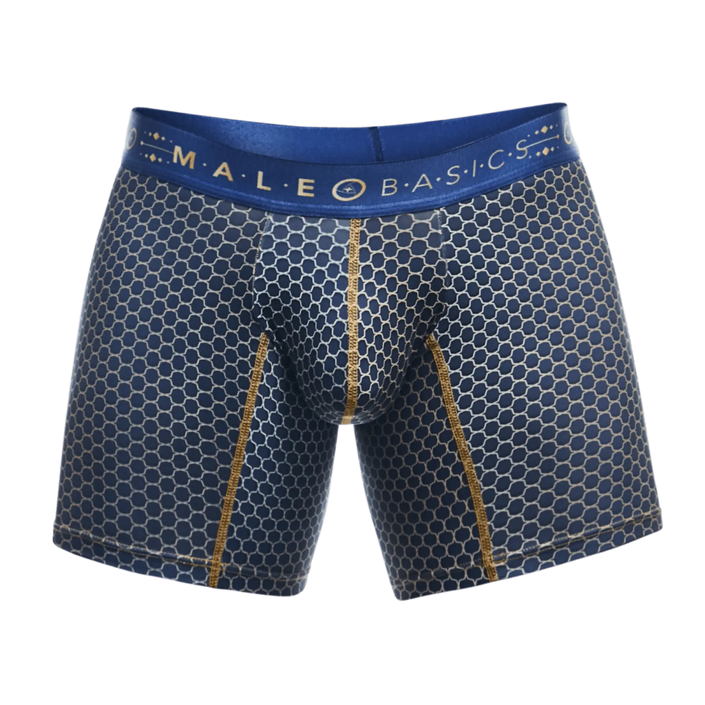 MaleBasics boxer brief hipster in blue honeycomb pattern with gold trim and male basics waistband for men