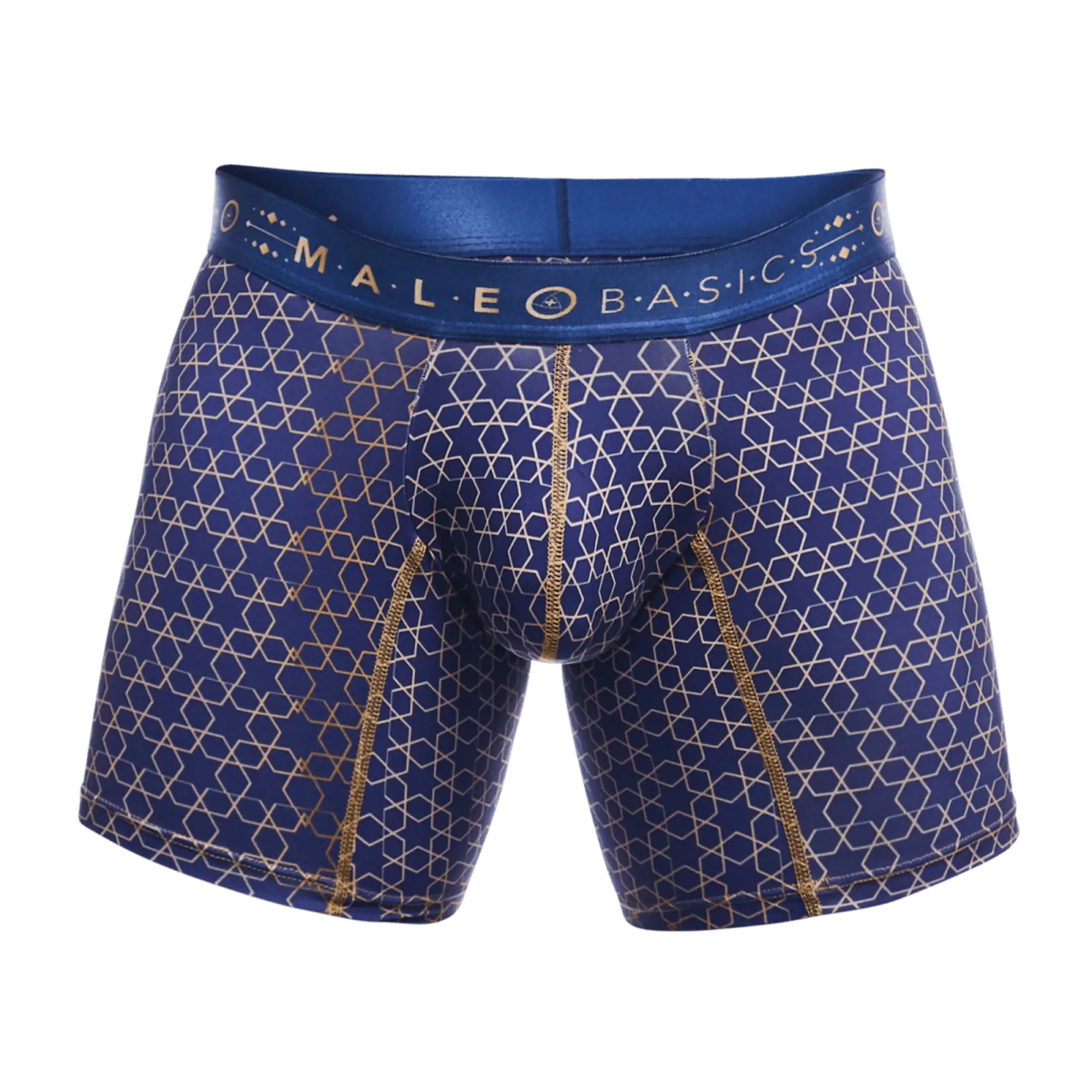 Blue male basics boxer brief hipster with geometric gold pattern and matching gold stitching for comfortable fit