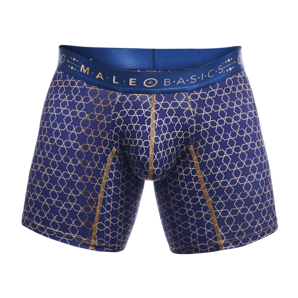 Blue male basics boxer brief hipster with geometric gold pattern and matching gold stitching for comfortable fit
