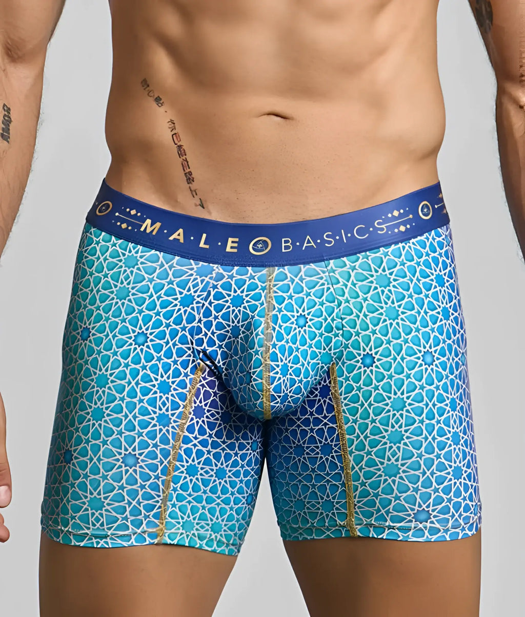 Malebasics boxer brief hipster in blue patterned geometric design with gold trim for comfortable everyday wear