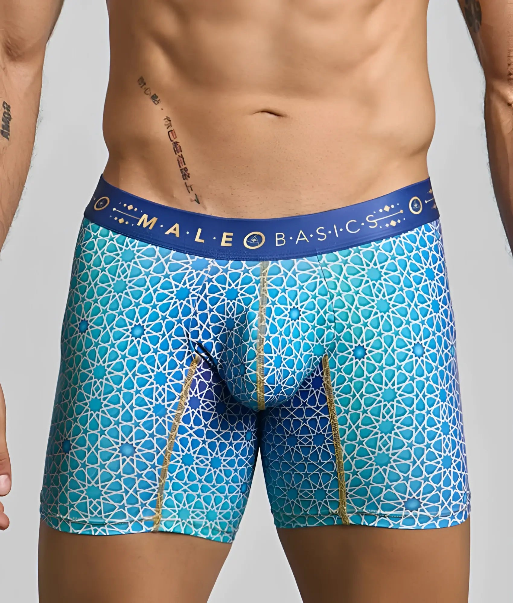 Malebasics boxer brief hipster in blue patterned geometric design with gold trim for comfortable everyday wear