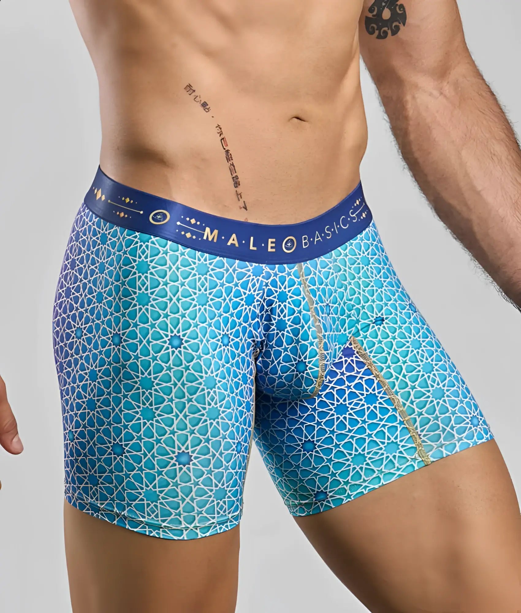 Blue patterned men’s boxer briefs with geometric design and white lines featuring male basics waistband logo