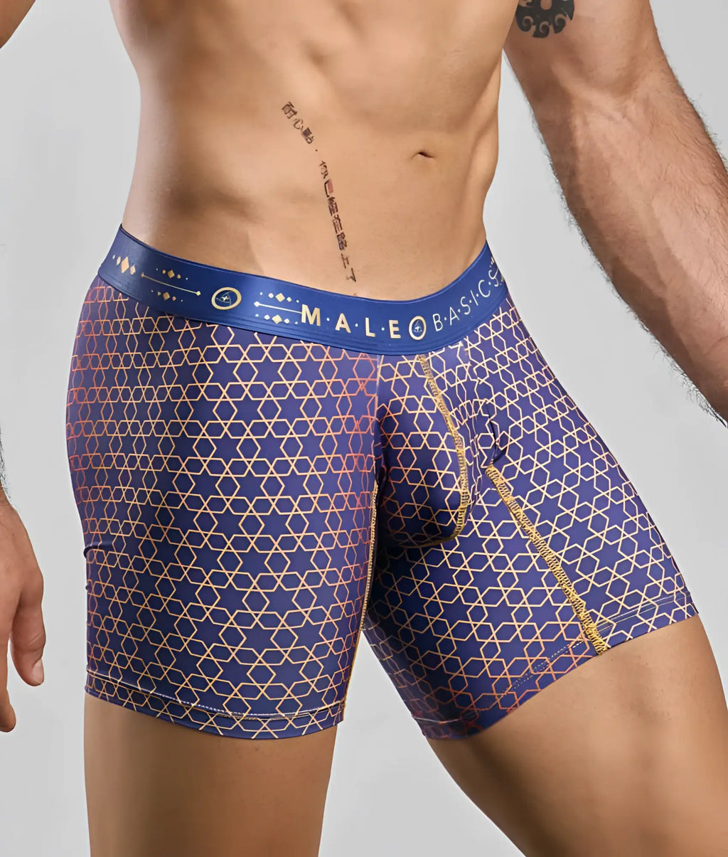 Malebasics boxer brief hipster in blue with gold and pink geometric pattern and branded waistband for men