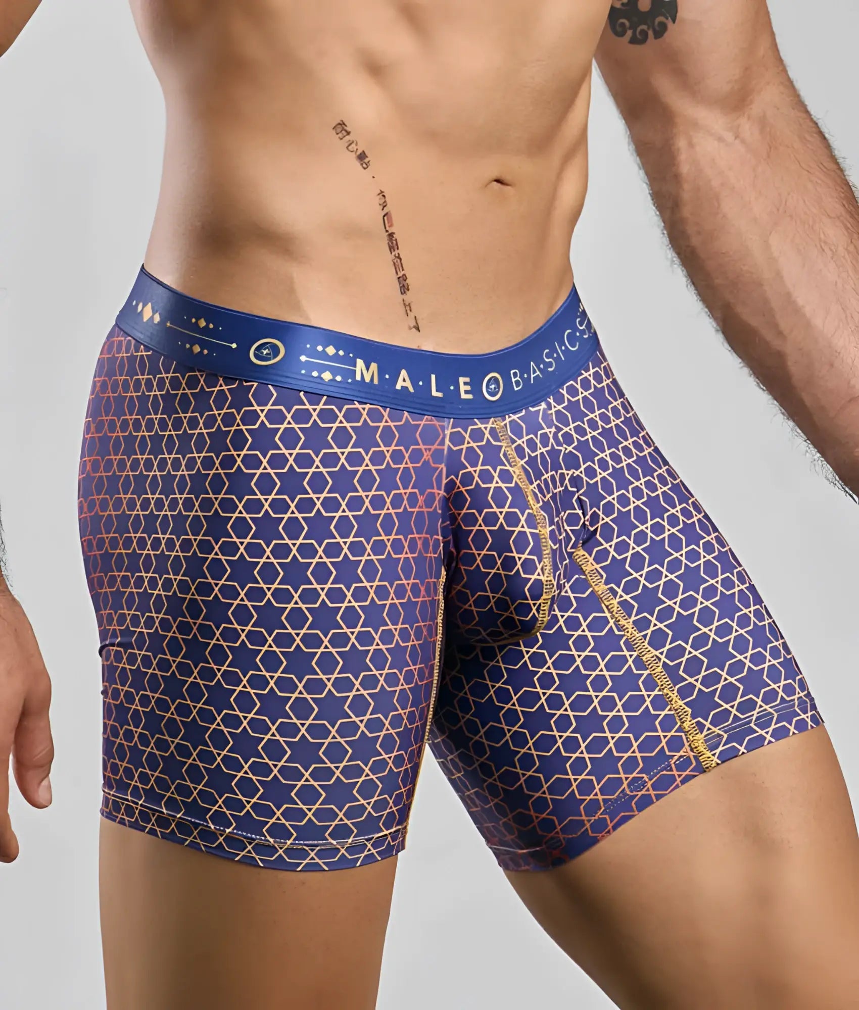 Malebasics boxer brief hipster in blue with gold and pink geometric pattern and branded waistband for men