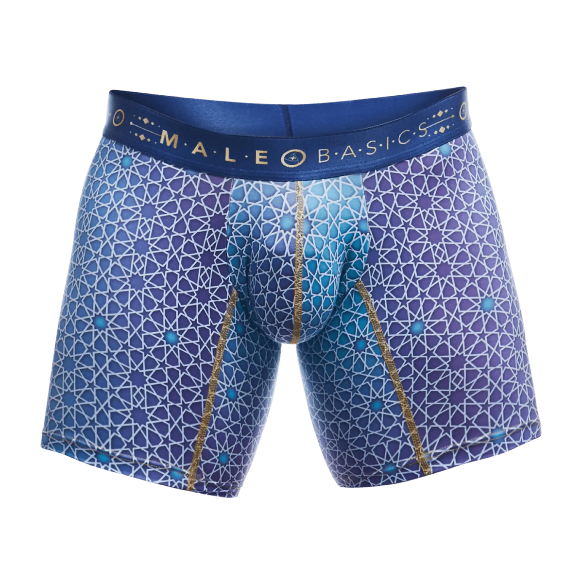 Blue patterned men’s boxer briefs with geometric star design and gold trim by male basics on the waistband