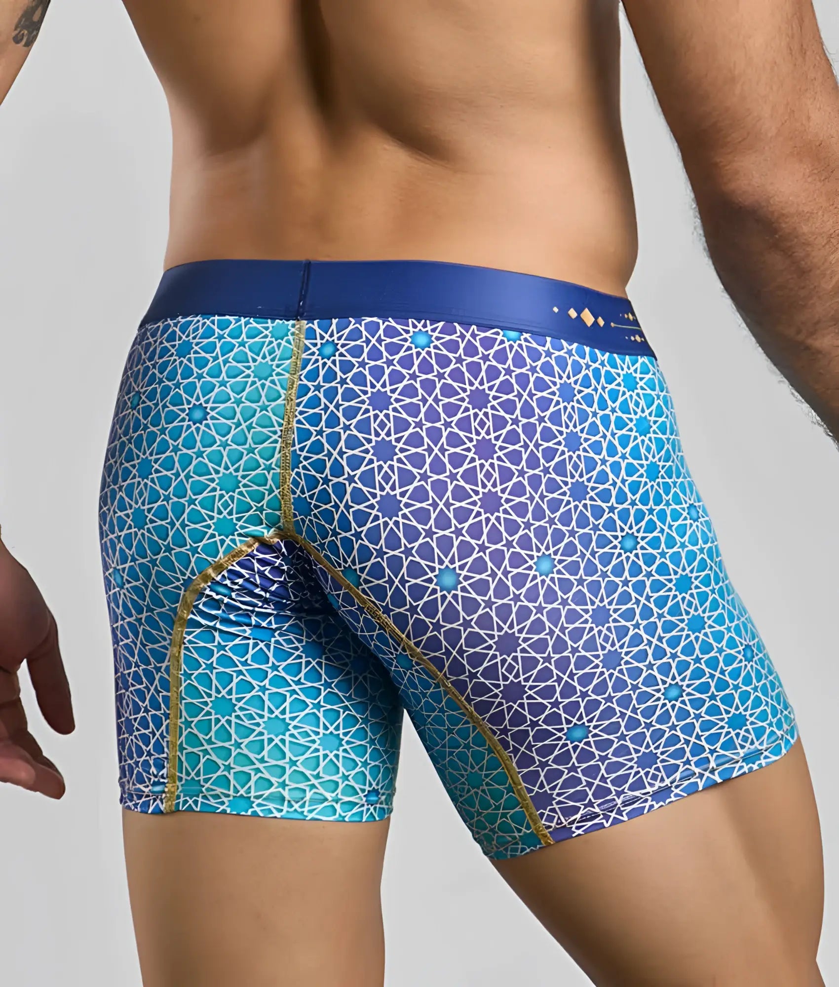 Malebasics boxer brief hipster with blue and turquoise geometric pattern and gold trim made of soft fabric for comfort