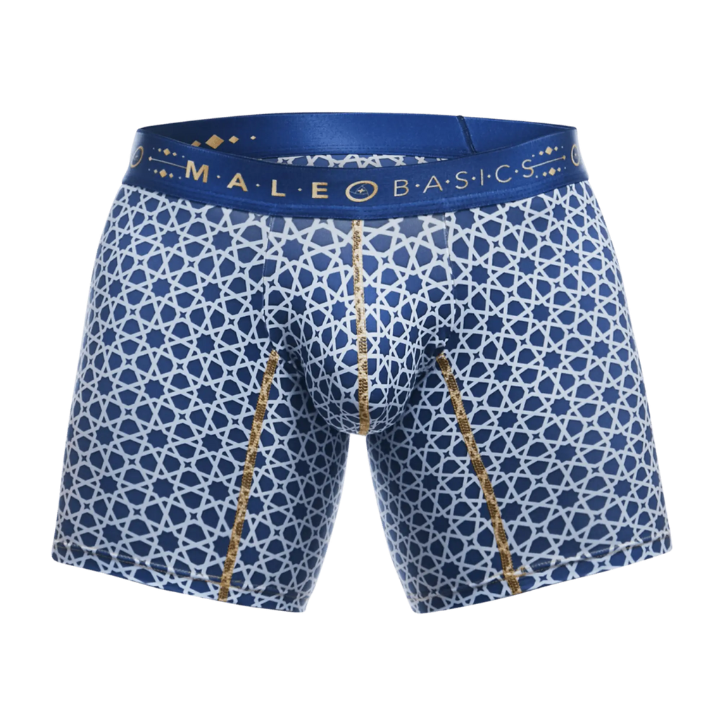 Malebasics boxer brief hipster blue and white patterned with gold trim and geometric star design on waistband