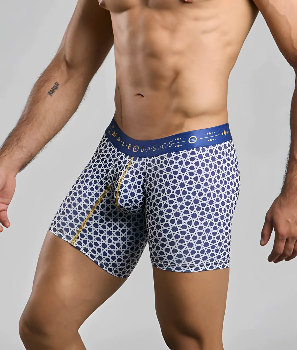 Male basics boxer brief hipster in blue and white geometric pattern with gold trim and branded waistband