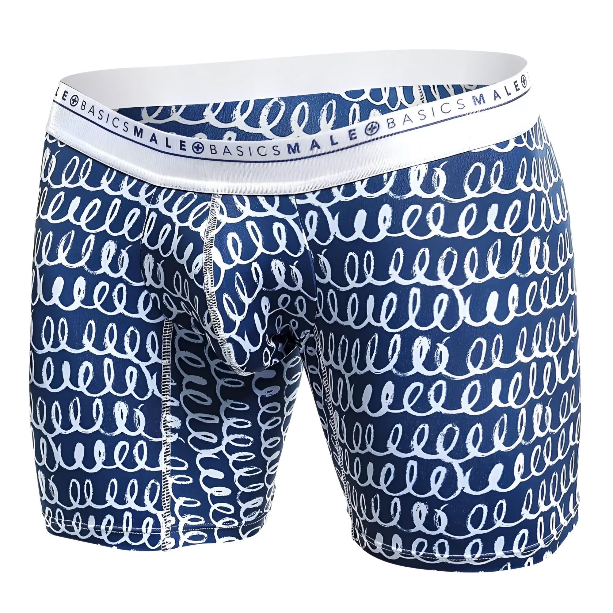 Malebasics boxer brief hipster crete in blue and white patterned cotton with repeating swirl design for men